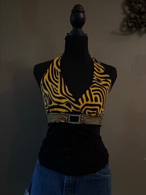 Vintage Y2K Twin Yellow Black Abstract Print Rhinestone Buckle Halter Top